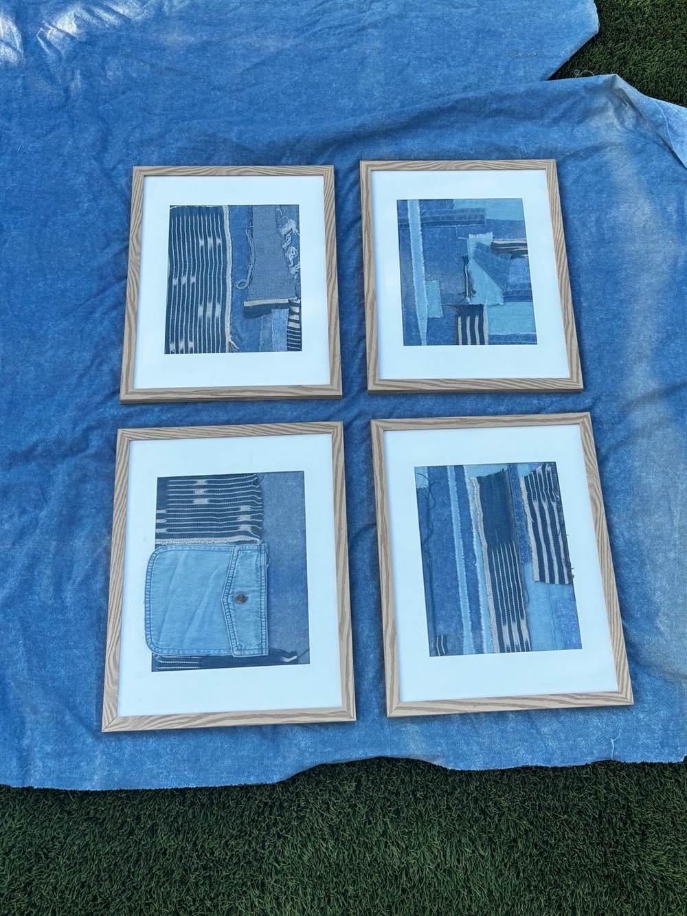 Framed Blue Striped denim Textile Art